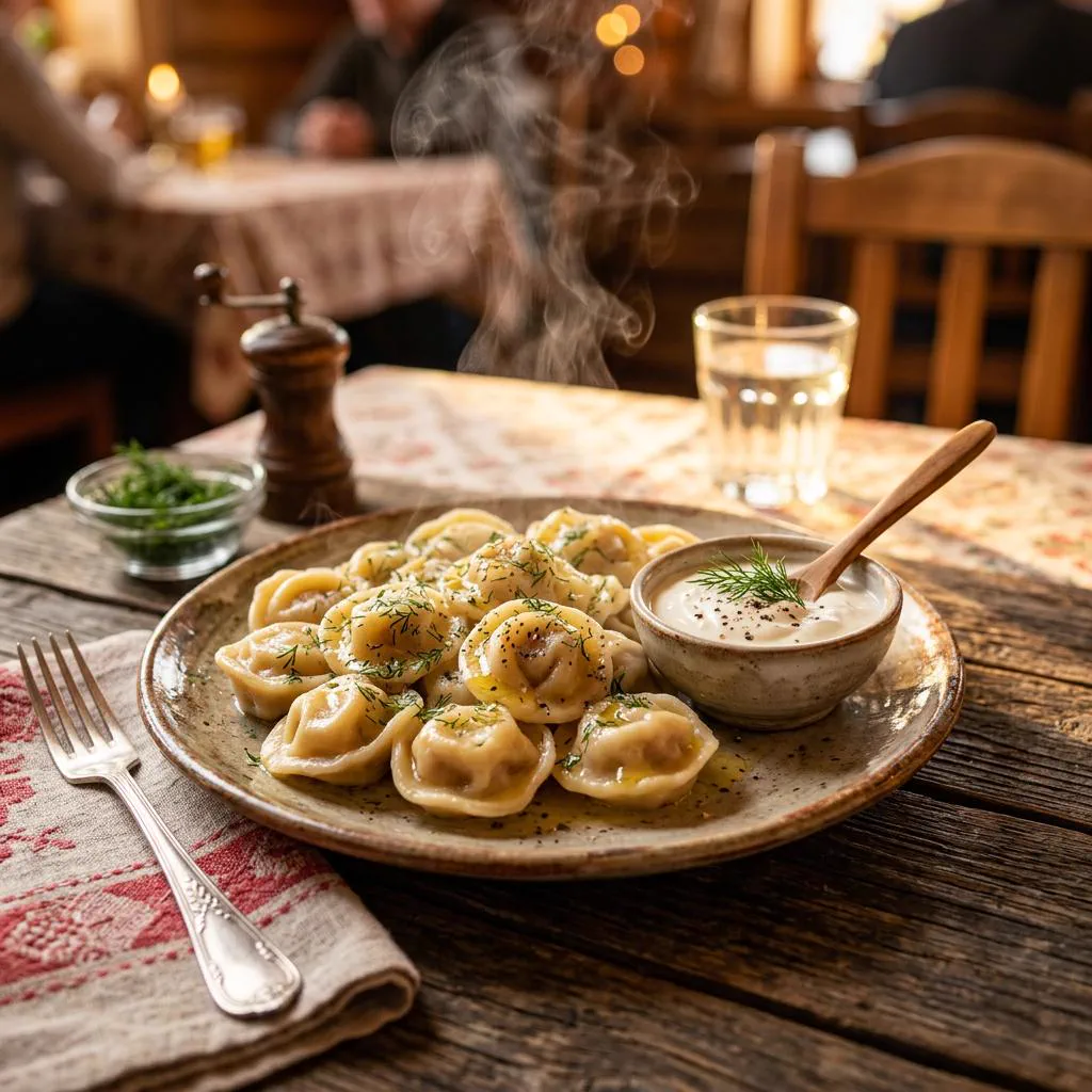 Pelmeni dores avec creme fraiche